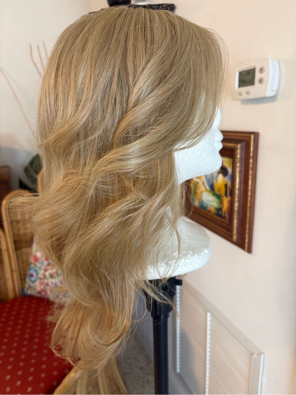 Long Golden Blonde Heat Friendly Synthetic wavy  Wig! Longer back! Side bangs!